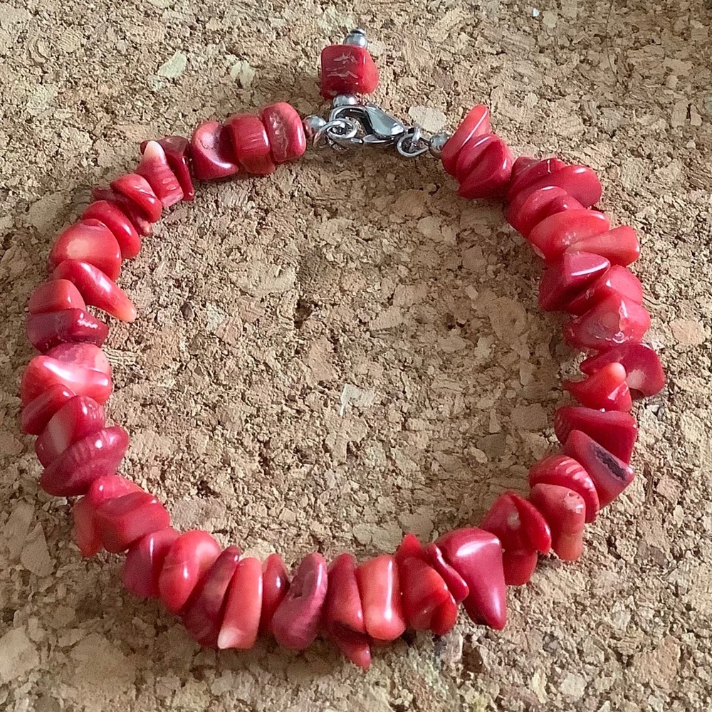 Red Coral bead bracelet 7-7.5” stainless steel